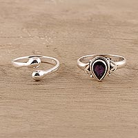 Amethyst and sterling silver rings, 'Gemstone Radiance' (pair) - Amethyst and Sterling Silver Rings Crafted in India (Pair)