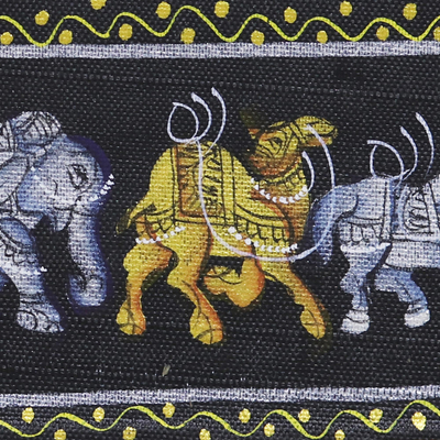 Diptych, 'Triple Stride' - Metallic Animal-Themed Folk Art Diptych from India
