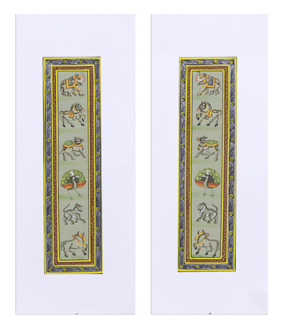 Diptych, 'Royal Beauty II' - Animal-Themed Folk Art Diptych in Green from India