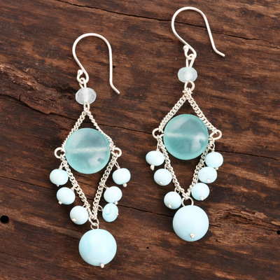Multi-gemstone dangle earrings, 'Dancing Rhombi' - Multi-Gemstone Dangle Earrings in Blue from India