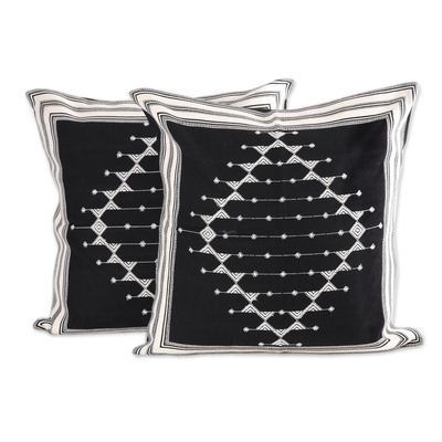 Cotton cushion covers, 'Dark Pattern' (pair) - Geometric Cotton Cushion Covers in Black (Pair)