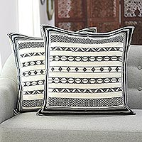Cotton cushion covers, 'Geometric Stripes' (pair) - Cotton Cushion Covers with Black Geometric Patterns (Pair)