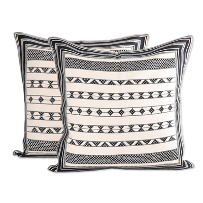 Cotton cushion covers, 'Geometric Stripes' (pair) - Cotton Cushion Covers with Black Geometric Patterns (Pair)