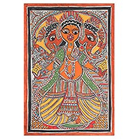Madhubani painting, 'Trimuhkti Ganapati' - Ganesha-Themed Madhubani Painting from India