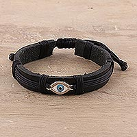 Eye Motif Sterling Silver and Leather Wristband Bracelet,'Alluring Eye'