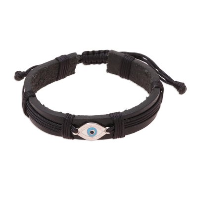 Sterling silver and leather wristband bracelet, 'Alluring Eye' - Eye Motif Sterling Silver and Leather Wristband Bracelet