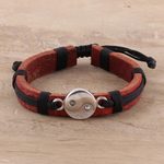Sterling silver and leather wristband bracelet, 'Spiritual Balance' - Sterling Silver and Leather Yin Yang Wristband Bracelet