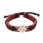 Sterling silver and leather wristband bracelet, 'Spiritual Balance' - Sterling Silver and Leather Yin Yang Wristband Bracelet