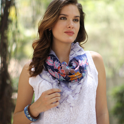 Batik cotton scarf, 'Wavy Floral in Snow White' - Floral Batik Cotton Scarf in Snow White from India