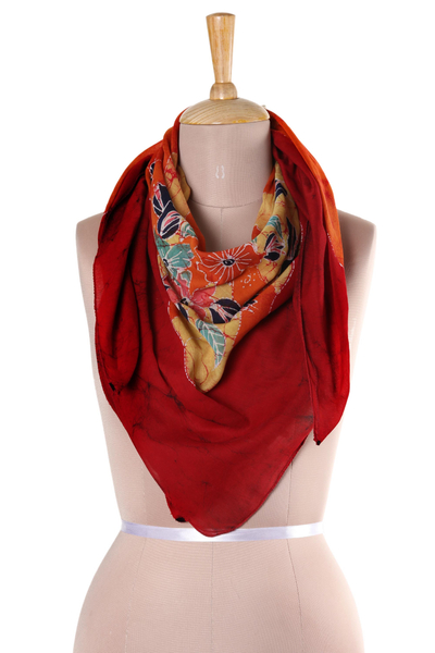 Batik cotton scarf, Wavy Floral in Crimson