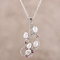 Rhodium plated moonstone and ruby pendant necklace, 'Elegant Radiance' - Rhodium Plated Moonstone and Ruby Pendant Necklace