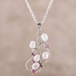 Rhodium plated moonstone and ruby pendant necklace, 'Elegant Radiance' - Rhodium Plated Moonstone and Ruby Pendant Necklace