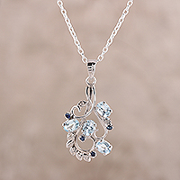 Rhodium plated blue topaz and sapphire pendant necklace, 'Glittering Blue'