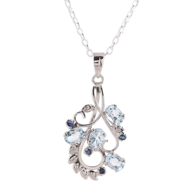 Rhodium plated blue topaz and sapphire pendant necklace, 'Glittering Blue' - Rhodium Plated Blue Topaz and Sapphire Pendant Necklace