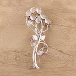 Rhodium plated moonstone and ruby brooch, 'Rajasthani Royalty' - Rhodium Plated Moonstone and Ruby Brooch from India