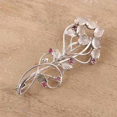 Rhodium plated moonstone and ruby brooch, 'Rajasthani Royalty' - Rhodium Plated Moonstone and Ruby Brooch from India