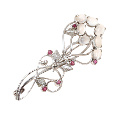 Rhodium plated moonstone and ruby brooch, 'Rajasthani Royalty' - Rhodium Plated Moonstone and Ruby Brooch from India