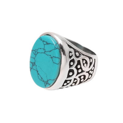 Men's sterling silver and reconstituted turquoise ring, 'Turquoise Vibe' - Men's Sterling Silver and Oval Recon. Turquoise Ring