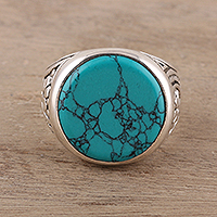 Men's sterling silver and reconstituted turquoise ring, 'Circular Vein'
