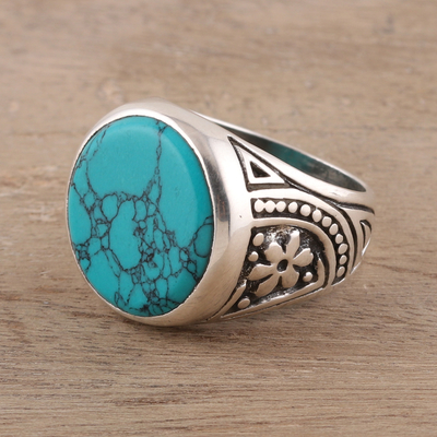 Men's sterling silver and reconstituted turquoise ring, 'Circular Vein' - Men's Sterling Silver and Circular Recon. Turquoise Ring