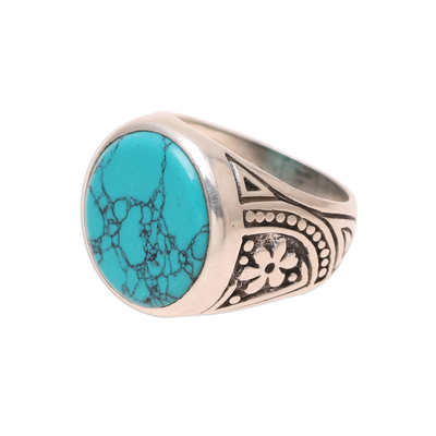 Men's sterling silver and reconstituted turquoise ring, 'Circular Vein' - Men's Sterling Silver and Circular Recon. Turquoise Ring