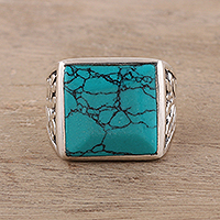 Men's sterling silver and reconstituted turquoise ring, 'Dark Leaves'