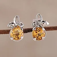 Rhodium plated citrine stud earrings, 'Golden Bliss' - Citrine Stud Earrings Plated in Rhodium from India