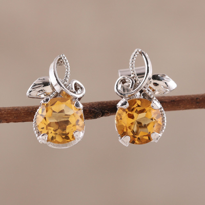 Rhodium plated citrine stud earrings, 'Golden Bliss' - Citrine Stud Earrings Plated in Rhodium from India