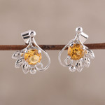 Rhodium plated citrine stud earrings, 'Sunny Leaves' - Leafy Rhodium Plated Citrine Stud Earrings from India