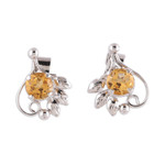 Rhodium plated citrine stud earrings, 'Sunny Leaves' - Leafy Rhodium Plated Citrine Stud Earrings from India