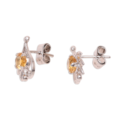 Rhodium plated citrine stud earrings, 'Sunny Leaves' - Leafy Rhodium Plated Citrine Stud Earrings from India