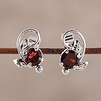 Rhodium plated garnet stud earrings, 'Blissful Radiance' - Leafy Rhodium Plated Garnet Stud Earrings from India