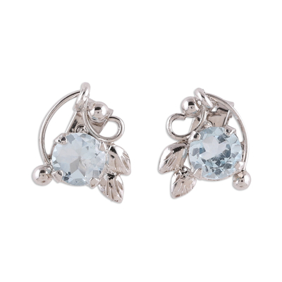 Rhodium plated blue topaz stud earrings, 'Leafy Glisten' - Rhodium Plated Blue Topaz Stud Earrings from India