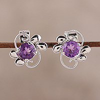 Rhodium Plated Amethyst Stud Earrings from India,'Glittering Purple Charm'