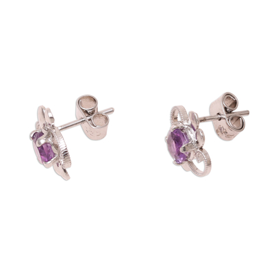 Rhodium plated amethyst stud earrings, 'Glittering Purple Charm' - Rhodium Plated Amethyst Stud Earrings from India
