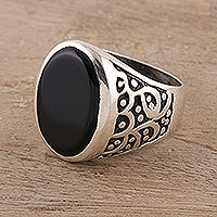 Men's onyx ring, 'Magical Vibes' - Handcrafted Sterling Silver and Onyx Men's Ring from India