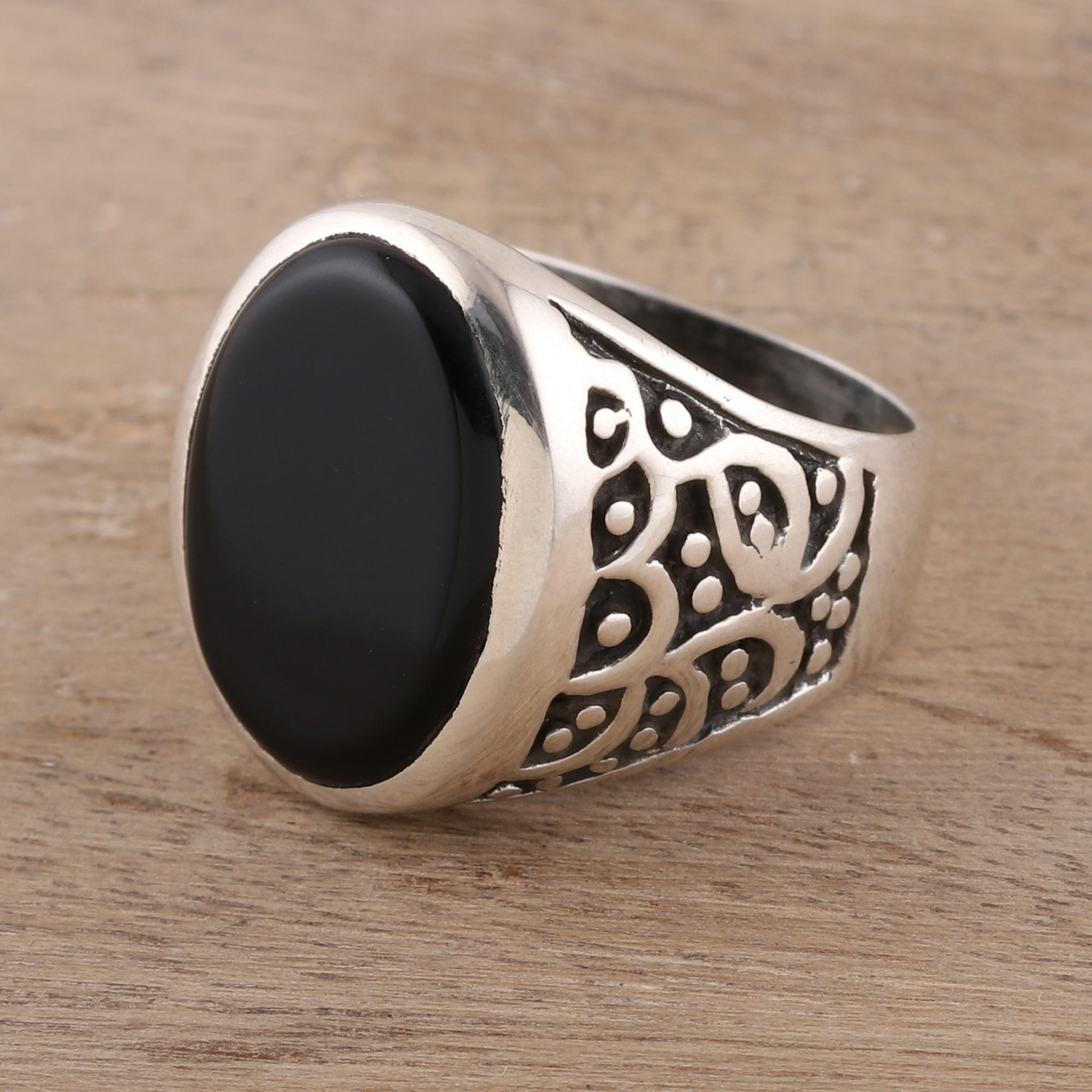 Handcrafted Sterling Silver and Onyx Men's Ring from India, 'Magical Vibes'