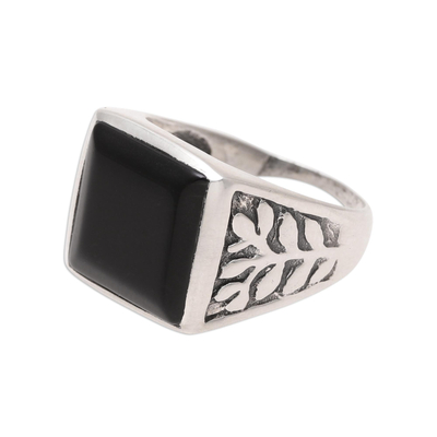 Men's onyx ring, 'Mystical Leaves' - 925 Sterling Silver and Onyx Men's Ring with Leaf Motifs