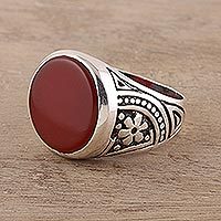 Men's carnelian signet ring, 'Native Flower' - 925 Sterling Silver and Carnelian Men's Ring from India