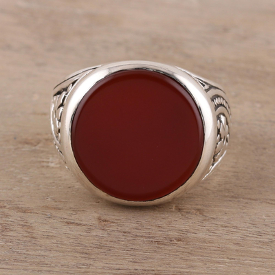 Men's carnelian signet ring, 'Native Flower' - 925 Sterling Silver and Carnelian Men's Ring from India