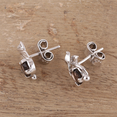 Rhodium plated smoky quartz stud earrings, 'Nature Leaf' - Rhodium Plated Sterling Silver Smoky Quartz Stud Earrings