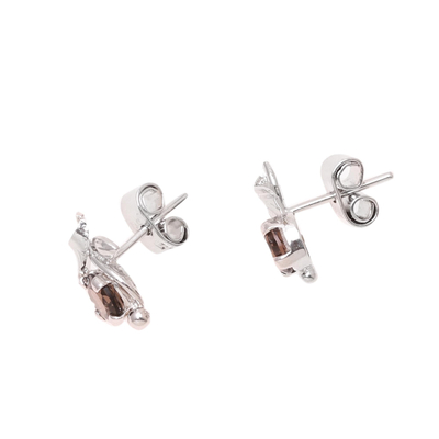 Rhodium plated smoky quartz stud earrings, 'Nature Leaf' - Rhodium Plated Sterling Silver Smoky Quartz Stud Earrings