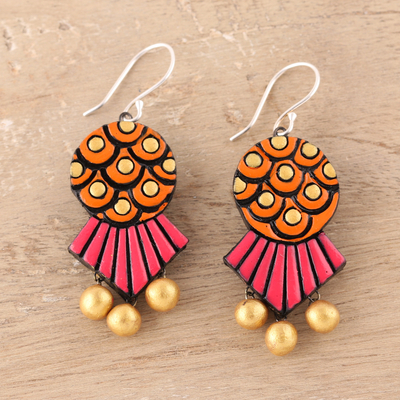 Ceramic chandelier earrings, 'Bollywood Honeycomb' - Painted Ceramic Chandelier Earrings from India
