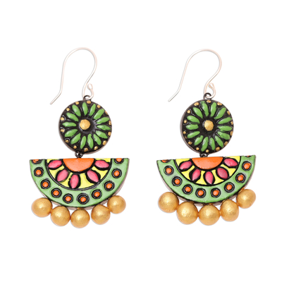 Ceramic dangle earrings, 'Crescent Flora' - Artisan Crafted Bollywood Ceramic Dangle Earrings from India