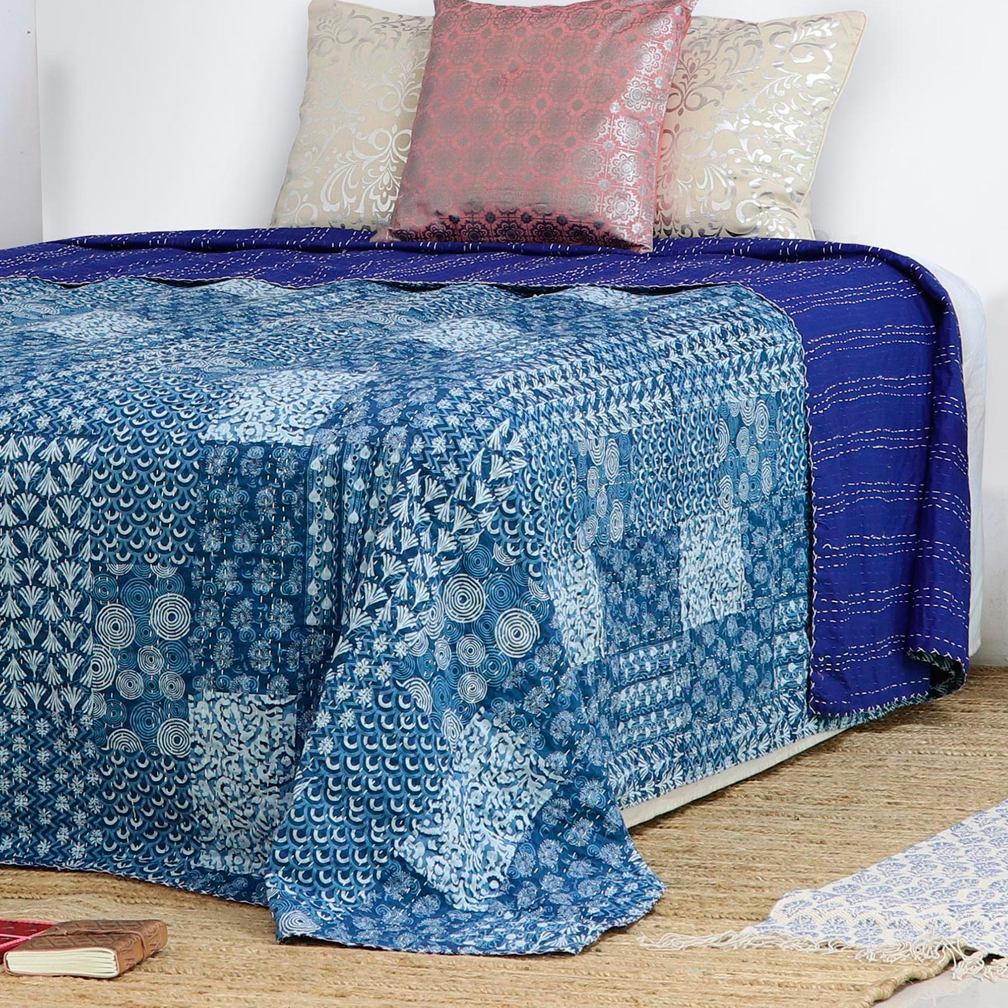 100% Cotton Kantha and Patchwork Bedspread in Blue - Kantha Blue | NOVICA