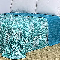 Cotton bedspread, 'Kantha Green' (queen) - 100% Cotton Kantha and Patchwork Bedspread in Green