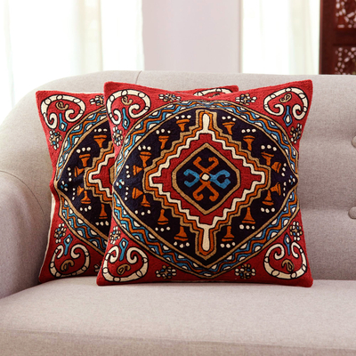 Embroidered cotton cushion covers, 'Creative Kite' (pair) - Colorful Embroidered Cotton Cushion Covers from India (Pair)