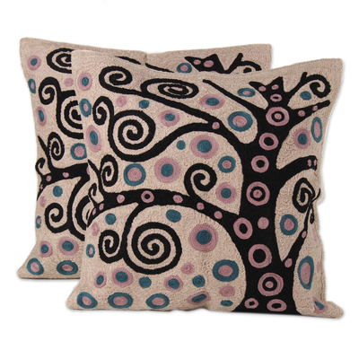 Black Tree Embroidered Cotton Cushion Covers (Pair)