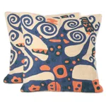 Embroidered cotton cushion covers, 'Swirling Tree' (pair) - Blue Tree Embroidered Cotton Cushion Covers (Pair)