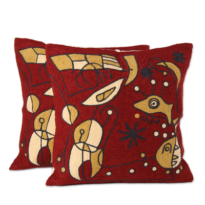 Abstract Embroidered Cotton Cushion Covers from India (Pair)